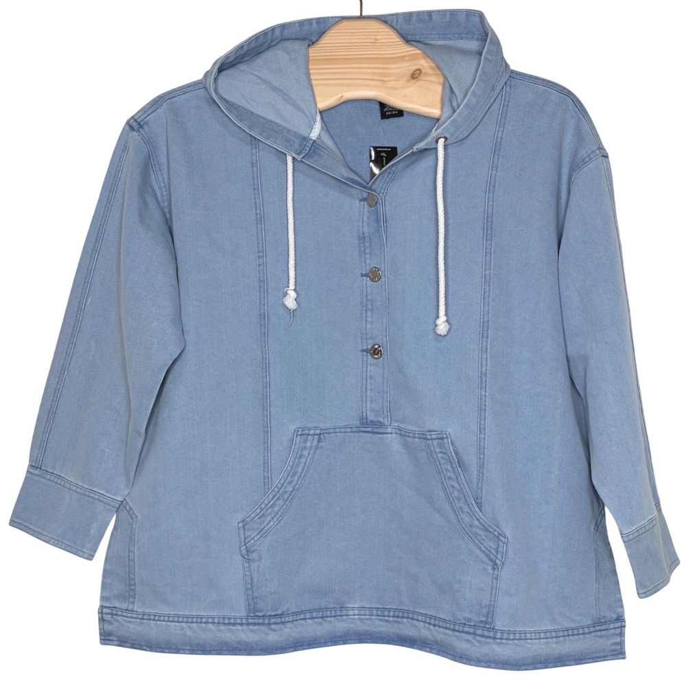 Ashley Stewart Denim Hooded Pullover Jacket Blue Jean Size 22/24 Casual NEW